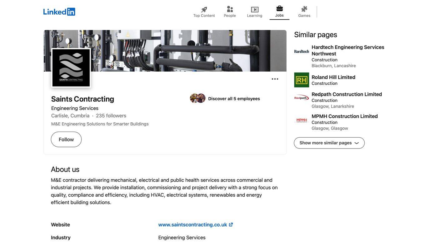 Saints Contracting LinkedIn page